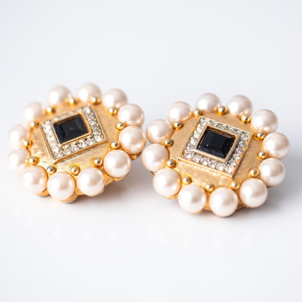 CRAFT Vintage Faux Pearl Black Rhinestone Gold Tone Clip On Earrings Round